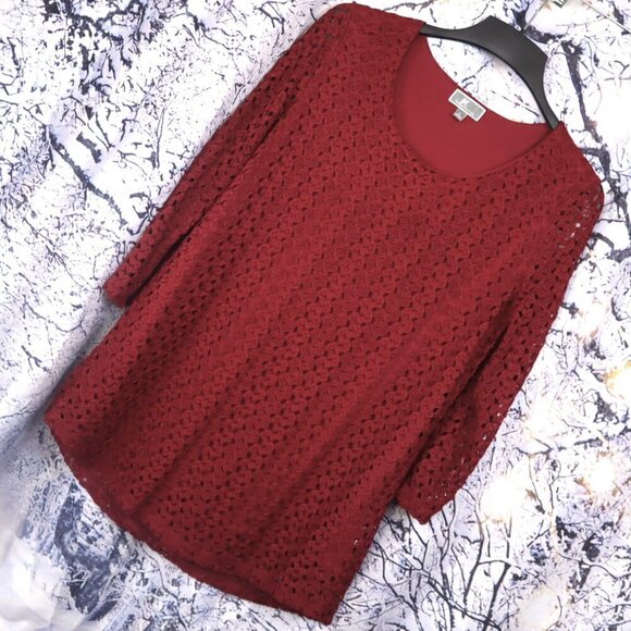 WINE LACE TUNIC BLOUSE  L JM Collection Red Lightweight Packable Travel Office - Picture 1 of 6